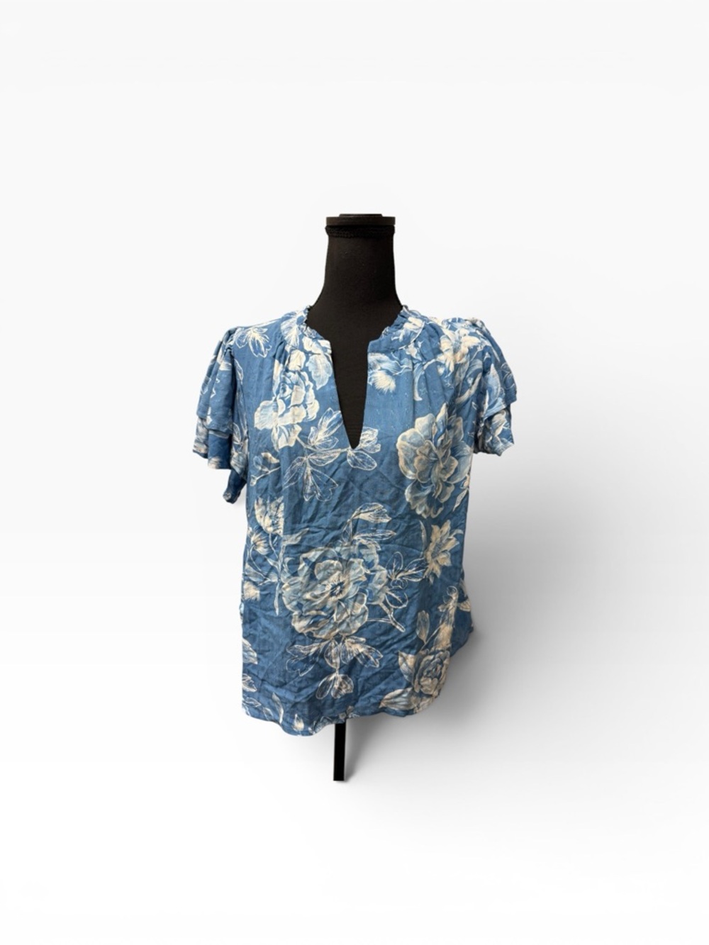 Laura Ashley Blue Floral Blouse XL Boho Cottagecore Short Sleeve Top - Picture 1 of 10